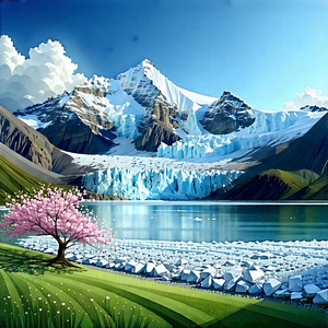 Nature Low Poly: Glacier In Spring Bloom With Beautiful Landscape
