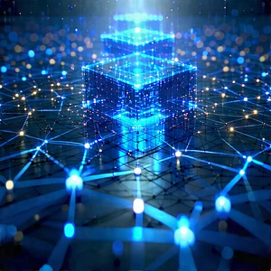 Blockchain Network Visualization With Blue, Three-dimensional
