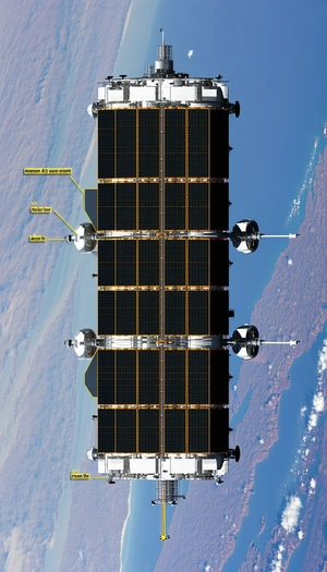 A Large Satellite Is Seen In The Sky, With A Long Row Of Solar Panels On Its Side