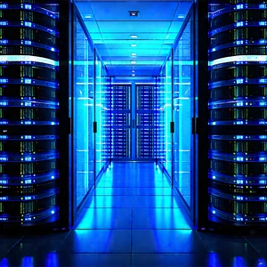 Server Rack With Blue Light Glow With Large Blue