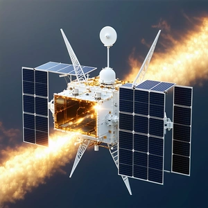 A Spacecraft With A Large Satellite Dish On Its Side