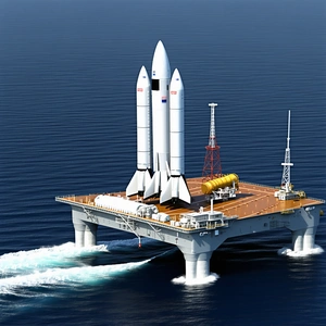 A Large White Rocket Ship Is Floating On Top Of A Platform In The Ocean