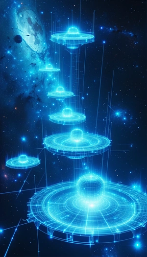 In The Image, There Are Several Blue And White Spaceships Floating In The Air