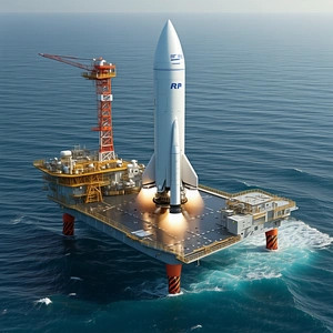 A Large White Rocket Ship Floating On Top Of A Large Yellow Platform In The Ocean