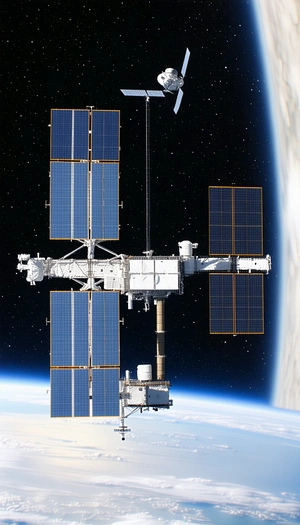 A Large Space Station With A White And Blue Color Scheme