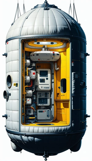 In The Image, There Is A Large, Yellow Spacecraft With A White And Yellow Exterior
