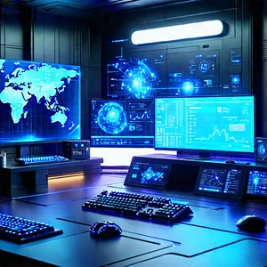 Futuristic Digital Workspace With Large Computer