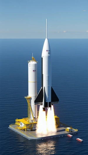 A Large Rocket Ship With A Space Shuttle On Top Of It, Floating In The Ocean