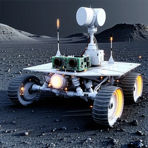 A White Robotic Vehicle With A Large Antenna On Top, Driving Across A Rocky Terrain