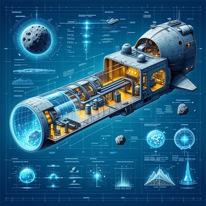 The Image Is A Blue And White Illustration Of A Spacecraft, Possibly A Submarine Or A Space Shuttle