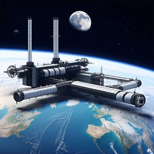 A Large Space Station Is Shown In A 3d Image, With A Moon Visible In The Background