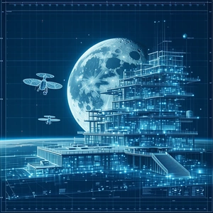 A Futuristic City With A Large Building And A Moon In The Background