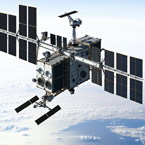A Space Shuttle With A Large Satellite Dish On Top Of It