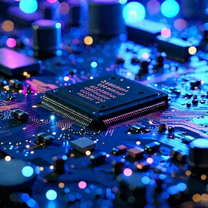 Circuit Board With Neon Accents With Computer Chip