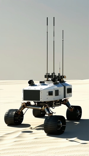 A White Robot With Four Wheels, Standing In A Desert-like Environment