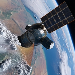A Spacecraft Is Flying Through The Air, With A Large Satellite Dish On The Bottom Of The Spacecraft