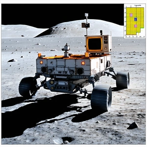 A Small Robotic Vehicle Is Driving Across A Rocky Surface, Possibly On The Moon