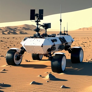 A White Robotic Vehicle Is Sitting On A Sandy Surface, Possibly A Desert