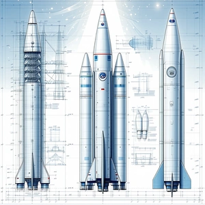 A Blue And White Rocket Ship Is Shown In A Drawing, With A Smaller Rocket Ship Next To It