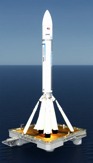 A Large White Rocket Is Sitting On A Platform In The Ocean