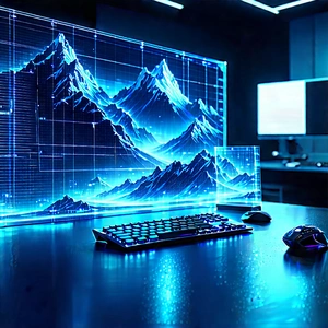 Futuristic (digital:1.37) Workspace With Computer Monitor