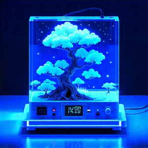 3d Printer With Blue Light Glow With Small Tree