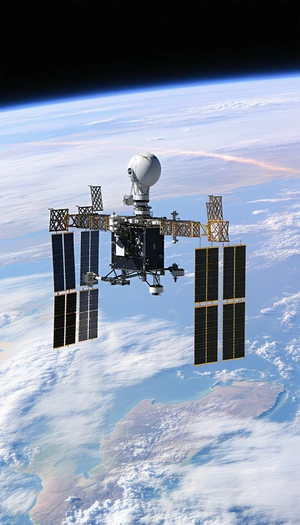 A Space Shuttle Is Flying Through The Sky, With A Large Satellite Attached To The Bottom Of It