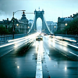 Urban Editorial Photography: Iconic Bridge With Rain-slicked Streets With Captures Busy