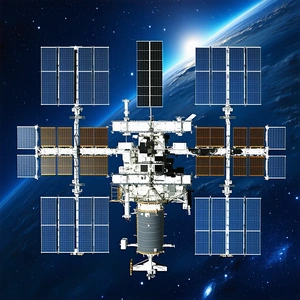 A Large Space Station With A White And Blue Color Scheme