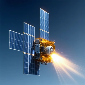 A Spacecraft With A Large Solar Panel On Its Side, Flying Through The Sky