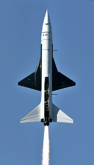 A White And Black Space Shuttle Is Flying Through The Sky