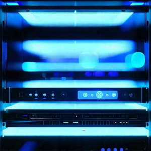 Server rack with blue light glow