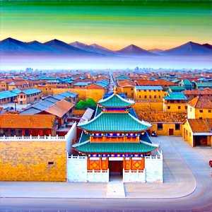 Urban Oil Painting: Aerial View Of Cultural District With Large, Ornate