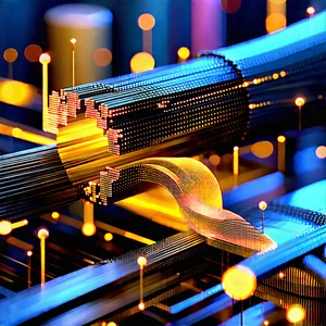 Close-up Of Fiber Optic Cables With Close-up Computer