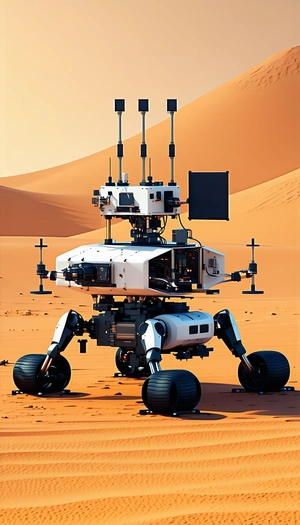 A Large White Robot With A Black Top, Standing On A Sandy Surface