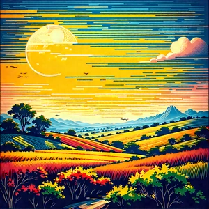 Abstract Linocut Print: Color Field With High-contrast Color Palette With Image, There