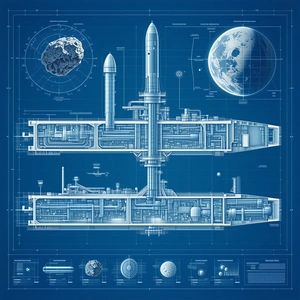 The Image Is A Blue And White Drawing Of A Spacecraft, Which Appears To Be A Large Ship