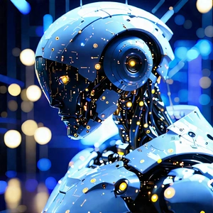 Robot With Data Streams With Futuristic Robot