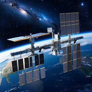 A Space Station With A Large Number Of Solar Panels On Its Side