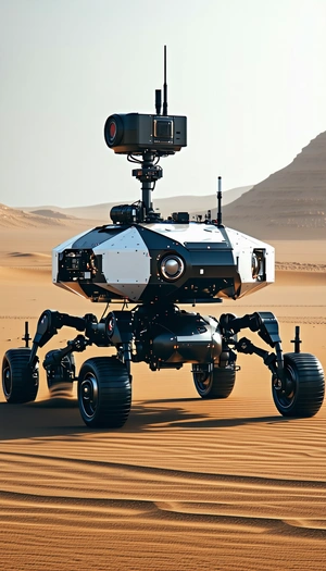 A Robotic Vehicle Is Driving Across A Sandy Terrain