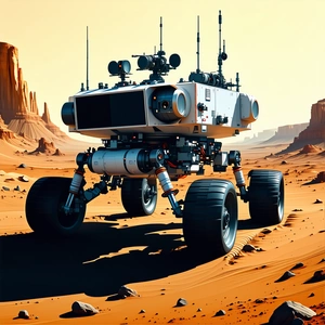 A Futuristic Robot Is Driving Across A Desert Landscape