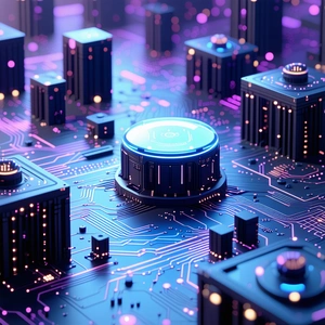 The image is a futuristic cityscape with a purple hue, featuring a ...