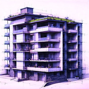 Urban Charcoal Drawing: Modern Apartment Complex With Green Rooftop With Large Building