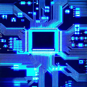 Circuit board with blue light glow