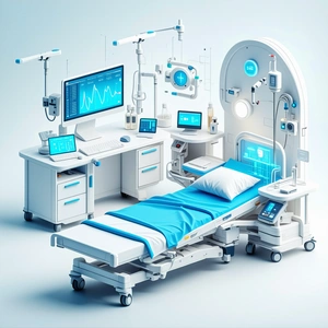 A hospital room with a large bed, a desk, and a computer.