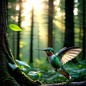 Nature Woodcut Print: Hummingbird In Forest Environment With Colorful Hummingbird