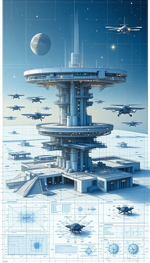 A Futuristic Cityscape Is Depicted In This Image, Featuring A Large Tower With A Dome On Top