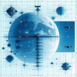 A Blue And White Drawing Of A Moon And Planets Is Displayed