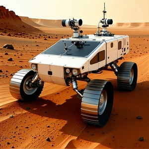 A White Robotic Vehicle With Four Large Wheels, Driving Across A Sandy Terrain