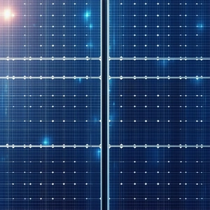 The image features a large solar panel with a blue background.